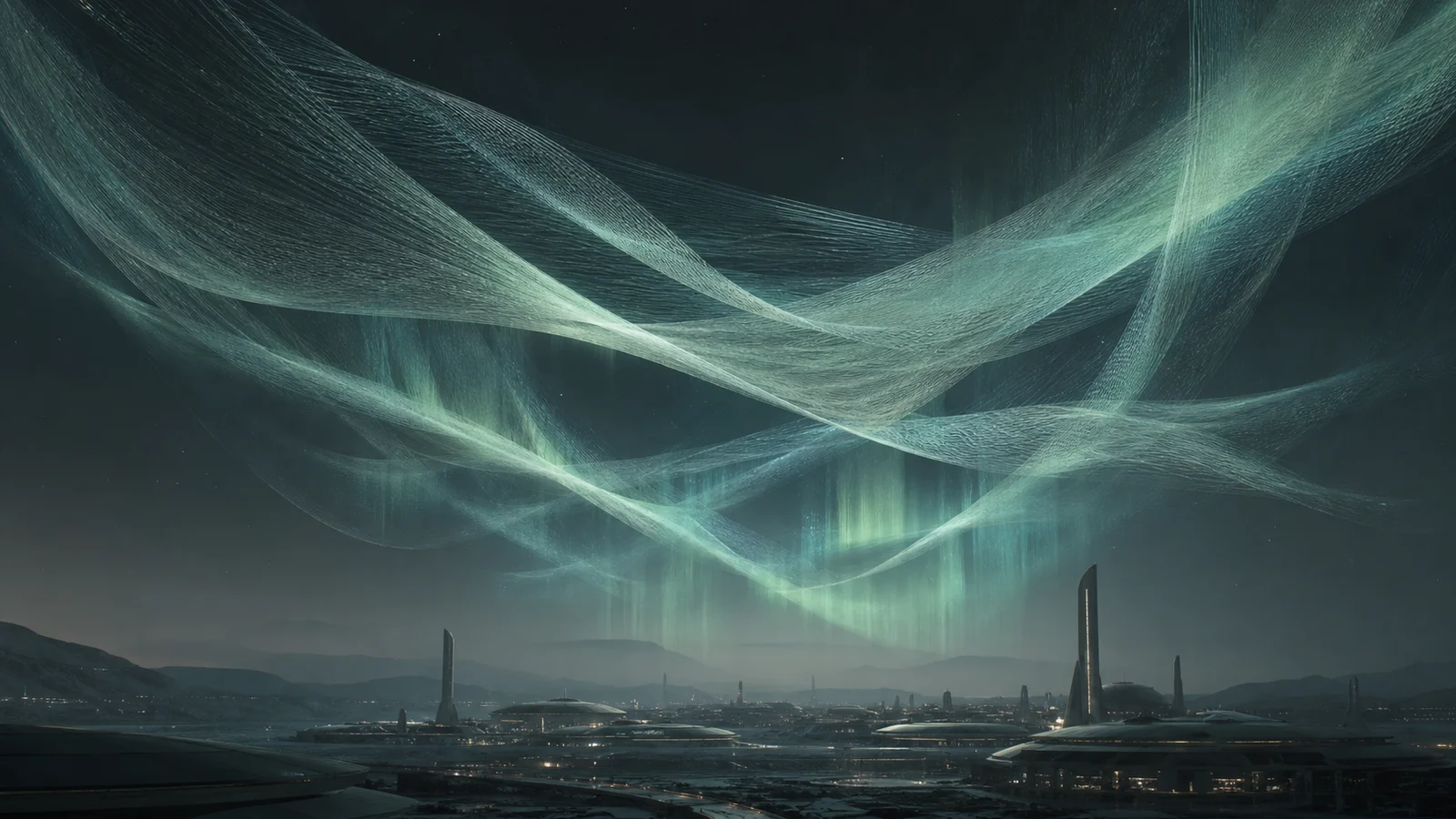 Woven aurora above a quiet futuristic city