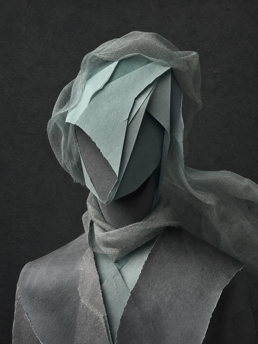 Anonymous editorial portrait made from paper and fabric